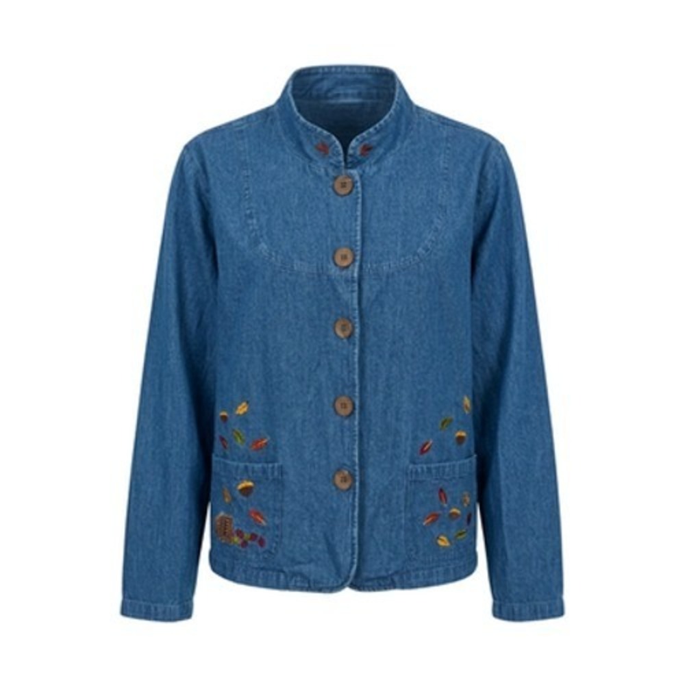 VTG Grandmacore Denim Jacket Women 3X Blue Embroidery Leaves Acorns Autumn Artsy